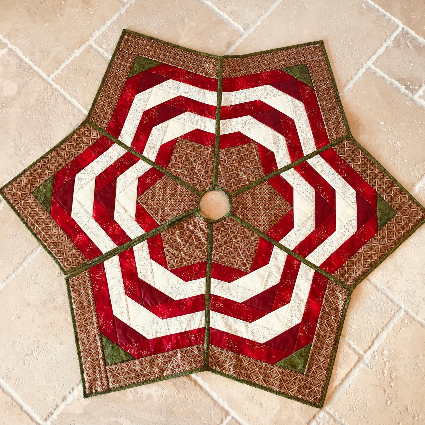 Quilt-as-you-go tree skirt pattern with 6 panels. Digital download/pdf file.