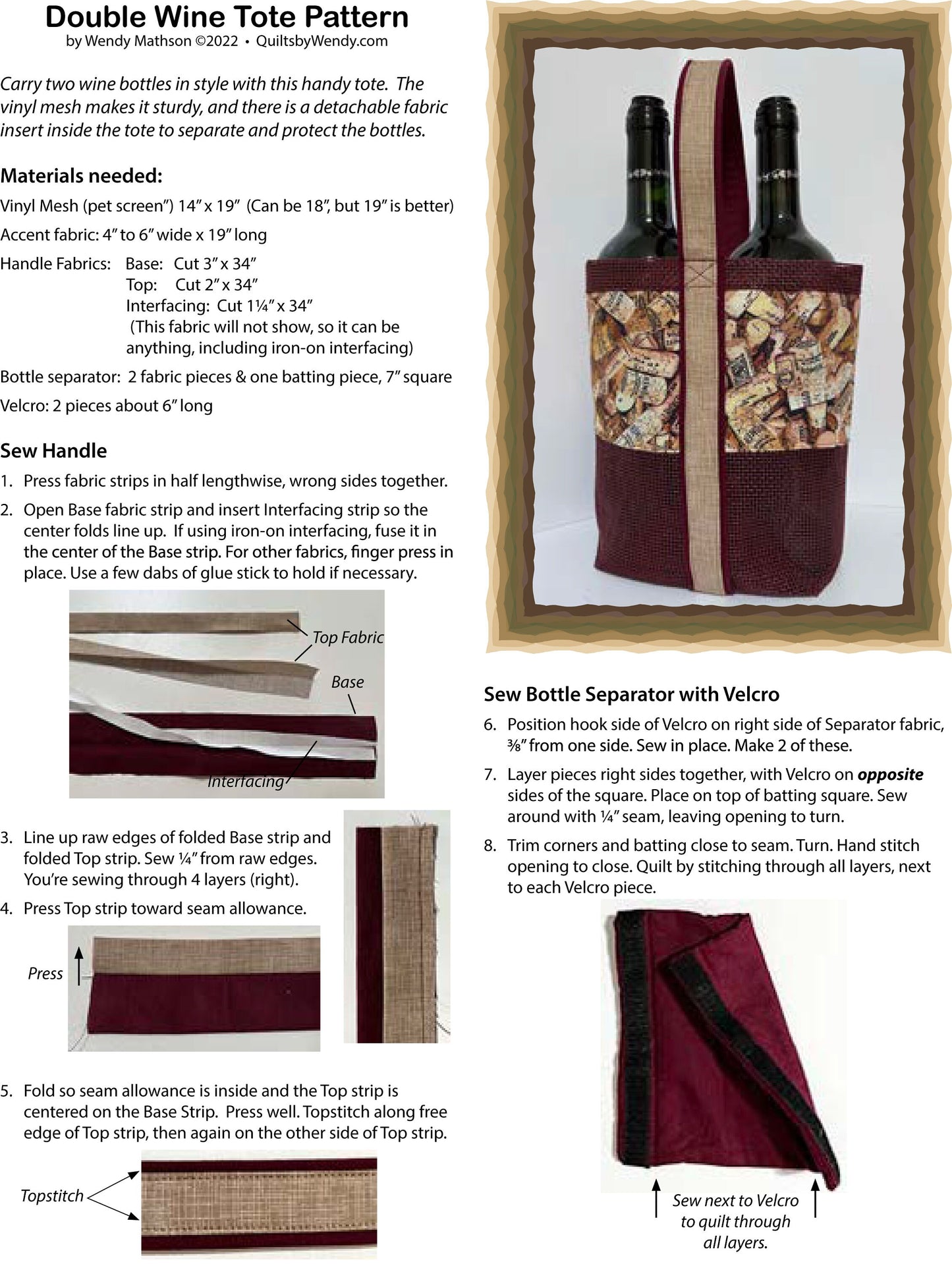 Double Wine Tote pattern, using Vinyl Mesh (pet screen) fabric. Digital download/pdf file.